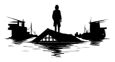 survivor on roof after flood disaster black vector silhouette © Mago