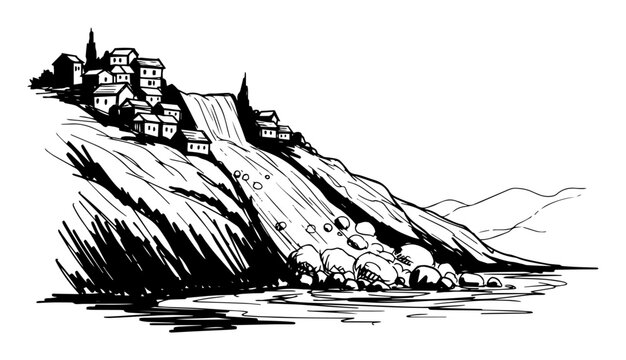 landslide destroying a village on a hillside vector illustration