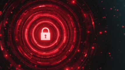 Glowing red digital padlock surrounded by concentric circles, representing security & data protection