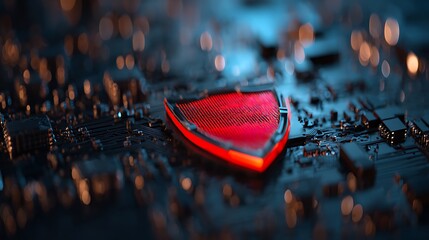 Glowing red shield emblem of cybersecurity embedded into intricate computer circuit board