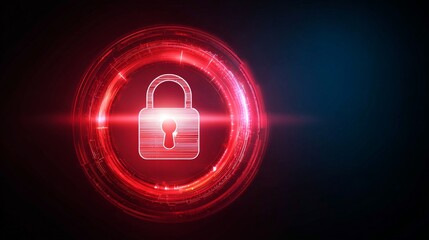 Glowing red padlock icon within concentric rings, digital security concept on a dark blue background