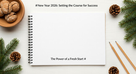 Warm wooden desk with open 2026 planner, elegant fountain pen and steaming coffee cup beside a laptop, soft daylight and blurred background creating a calm New Year planning mood