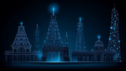 Glowing skyline featuring various architectural structures with a futuristic, digital aesthetic
