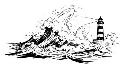 storm waves crashing near lighthouse sketch