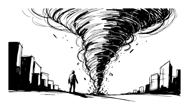powerful tornado approaching city street sketch