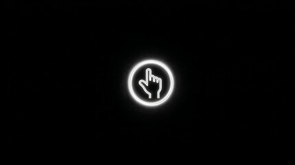 Glowing white hand pointer icon in a circle against a black background. Simple and minimalist design