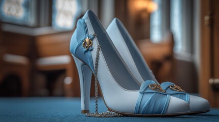 Elegant high-heeled footwear with embellishments, captured inside a blurred interior