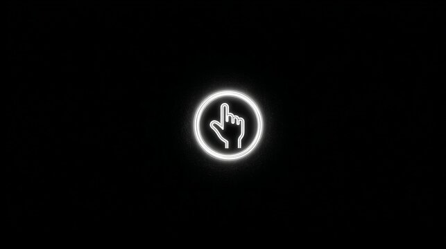 Glowing white hand pointer icon in a circle against a black background. Simple and minimalist design - Powered by Adobe