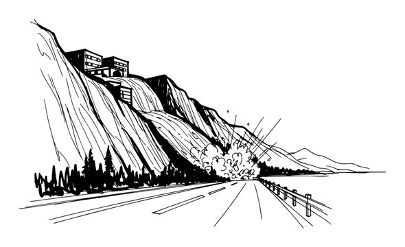 landslide disaster blocking a road from a cliff sketch