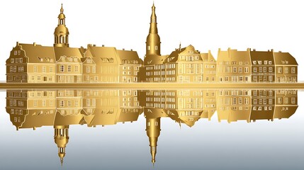 Golden cityscape featuring ornate buildings and their reflections in water
