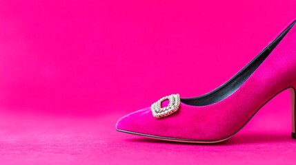 Elegant magenta high heel shoe with a decorative buckle on a vibrant pink background