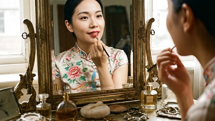 Elegant Asian woman in floral Qipao applying red lipstick in ornate mirror