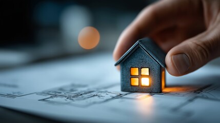 Miniature Home with Glowing Windows on Blueprint