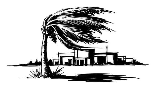 hurricane wind bending palm tree near house sketch