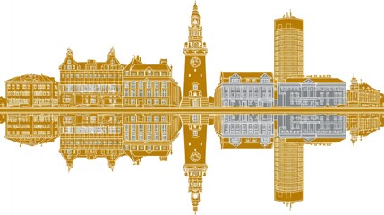 Golden cityscape skyline with reflections, featuring buildings, clock tower, and skyscraper