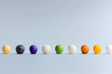 A row of colorful, spherical candies sits against a light-blue background, showcasing a variety of textures and coatings