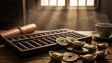 Traditional Chinese Abacus, Ancient Coins, and Gold Ingots on a Rustic Wooden Table Bathed in Soft Window Light