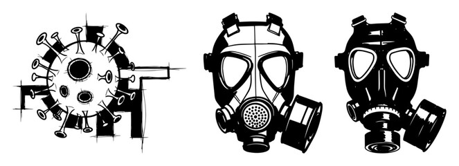 virus cell and gas masks pandemic hazard vector set