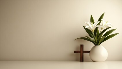 A wooden cross rests beside a vase of white lilies, creating a serene memorial scene