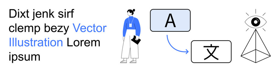 Language translation, communication, global outreach, cultural exchange, digital services, learning. A person stands near icons of translation and vision. Language translation and communication