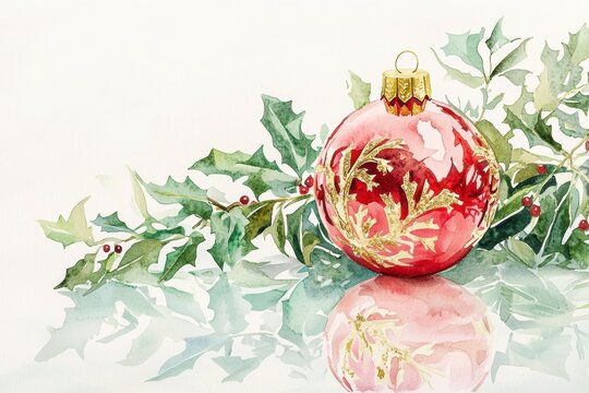 A red Christmas ornament with gold details sits near holly with berries, casting a reflection. AI. - Powered by Adobe