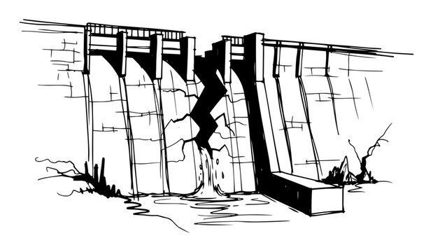 cracking dam disaster structural failure vector sketch