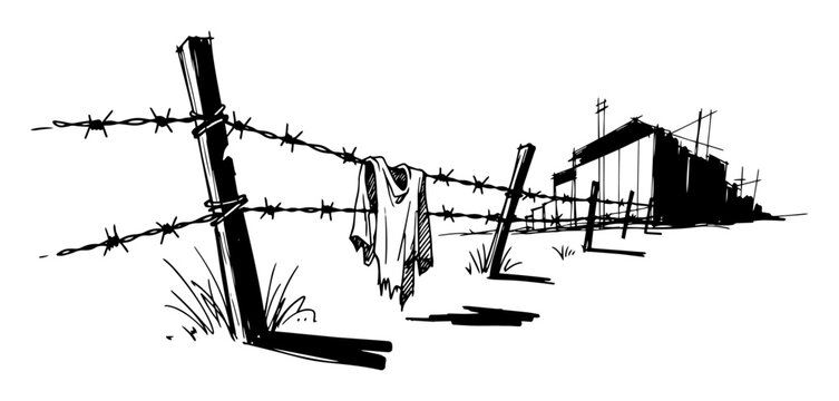 barbed wire fence with cloth in desolate landscape sketch