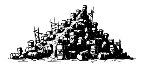 Obraz premium pile of leaking toxic waste barrels with biohazard symbol sketch
