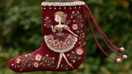 Embellished Christmas stocking features a young ballerina amid floral embroidery