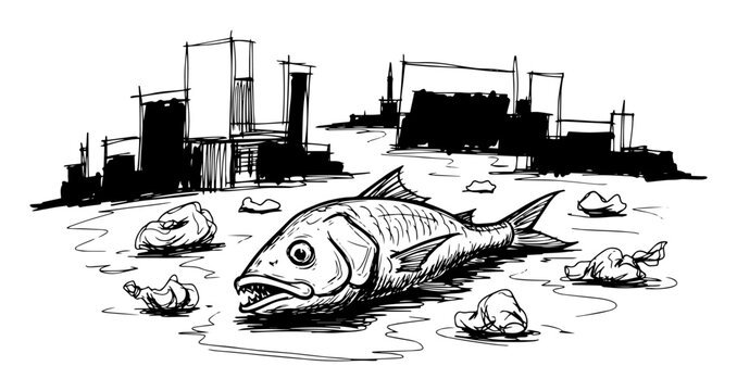 dead fish on a polluted shore water pollution concept sketch