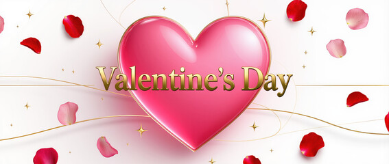 Valentine's Day heart graphic with pink design and scattered rose petals for romantic celebration. Valentine's Day theme emphasizes love and affection in decorative style.