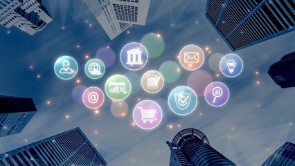Set of business and digital service icons representing finance, cloud, analytics, email, communication, ecommerce, cybersecurity, and global connectivity in a modern ecosystem Marrow