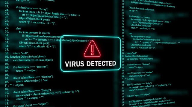Red Exclamation Mark Warning Symbol virus detected Neon Sign on cyan Digital Code Background with Glitch Effect