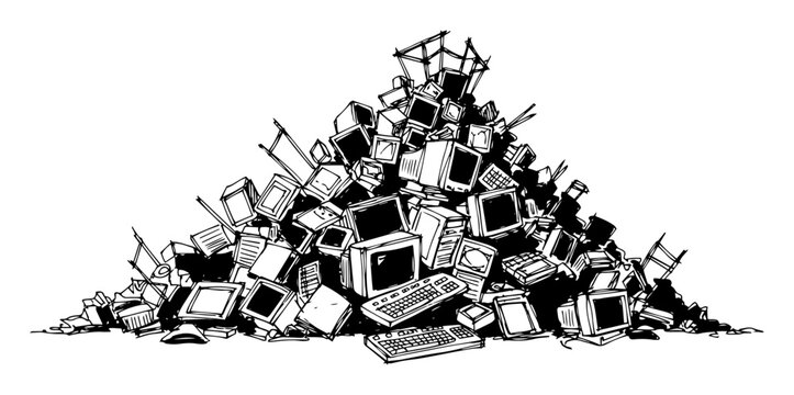 huge pile of e-waste old computers and monitors vector sketch