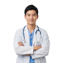 Fototapeta premium Professional asian male doctor wearing white lab coat and stethoscope with arms crossed isolated on transparent background