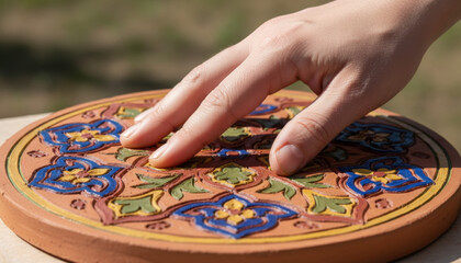 Hand delicately touching handcrafted ceramic plate with intricate design