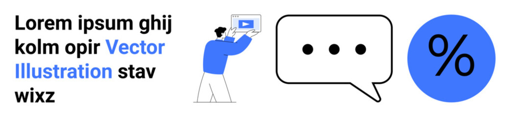 Person presenting video with text, speech bubble, and percentage icon. Ideal for communication, marketing, branding, presentations, tutorials, education simple landing page