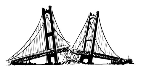 Fototapeta premium collapsed suspension bridge destruction disaster vector sketch