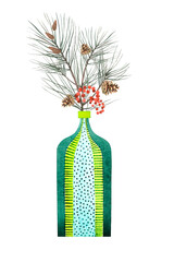 Winter bouquet in a green bottle. Watercolor illustration, poster, postcard.