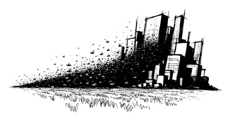 city disintegrating into particles apocalypse concept sketch