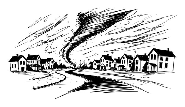 large tornado destroying a suburban town vector sketch