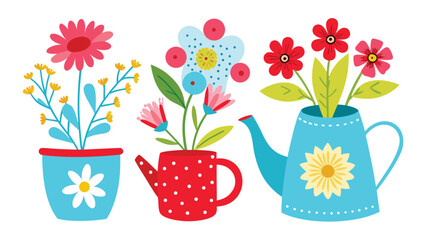 unique watering can designs, each featuring flowers, depicted in bright and playful clipart style..eps