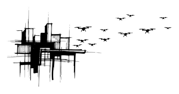 drone swarm flying over abstract city black vector silhouette