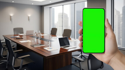 Hand Holding Smartphone with Blank Green Screen Mockup in Modern Corporate Conference Room