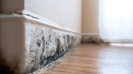 Indoor mold growth on baseboard of a home. The floor is wood. Shows signs of moisture and potential health risks. Inspection and remediation are required to restore healthy living.