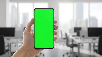 Close-up Hand Holding Smartphone with Blank Green Screen Mockup in Blurred White Office Background