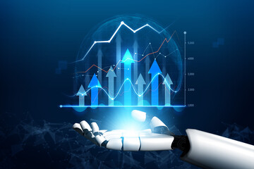 A futuristic robotic hand presents digital financial data featuring charts and graphs. This image represents innovation, growth, and advanced technology in business analytics. Scalp