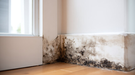 Black mold growth on wall baseboard in the corner of the room. The dark mold contrasts sharply against the light-colored wall and trim, highlighting a potential health hazard.