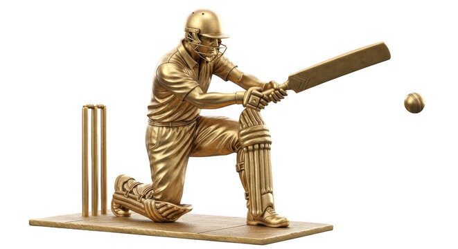 Golden cricket player action pose with bat and wicket trophy illustration transparent background