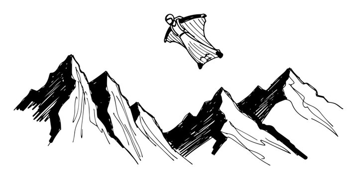 wingsuit flying over mountains extreme sport vector sketch